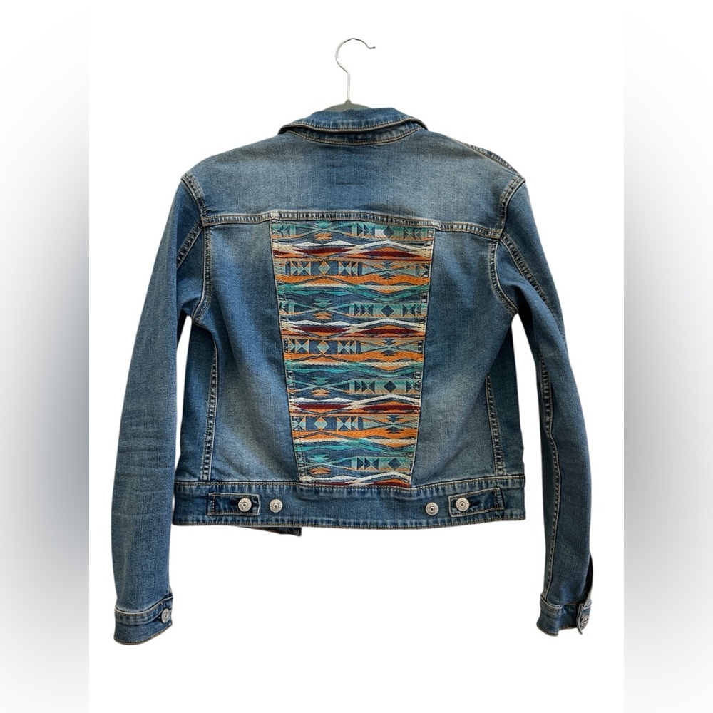 LuLaRoe XS Cropped Denim Jacket Aztec Woven Back Boho Western Festival